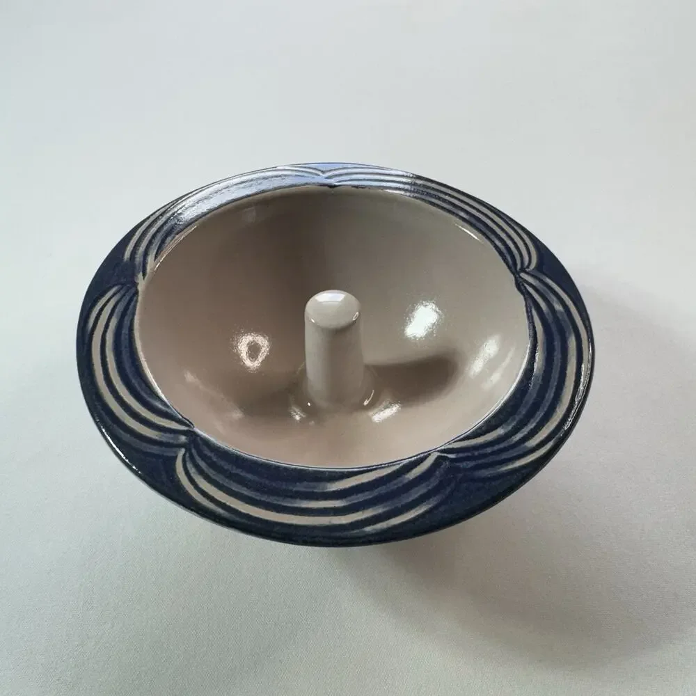 Original Apple Baker Pottery Baking Dish Blue Cream Round 6.25 In Diameter